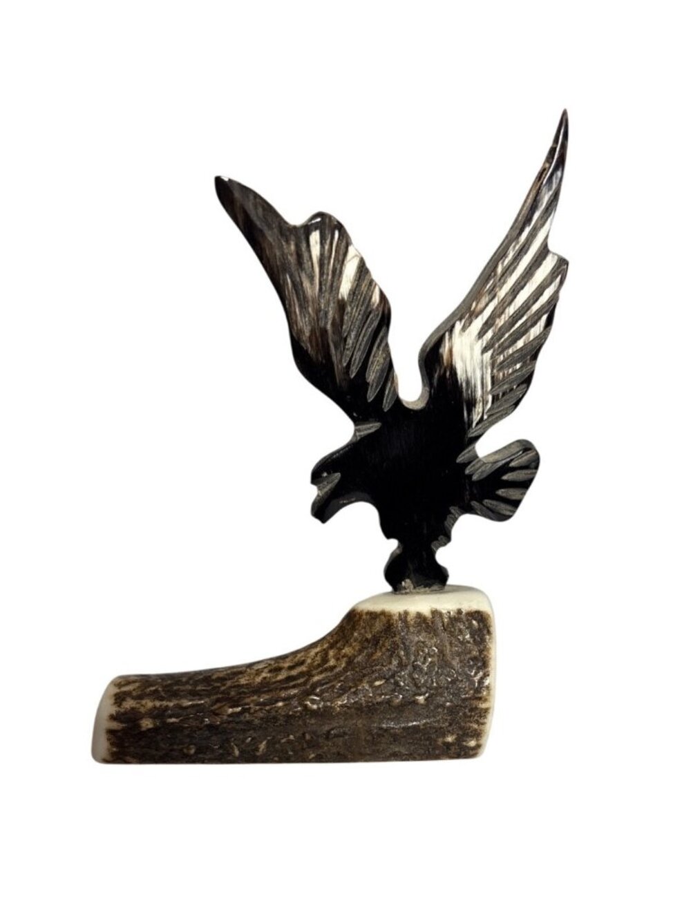 Hand Carved Eagle Sculpture With Detailed Wings And Rustic Base 4" Tall